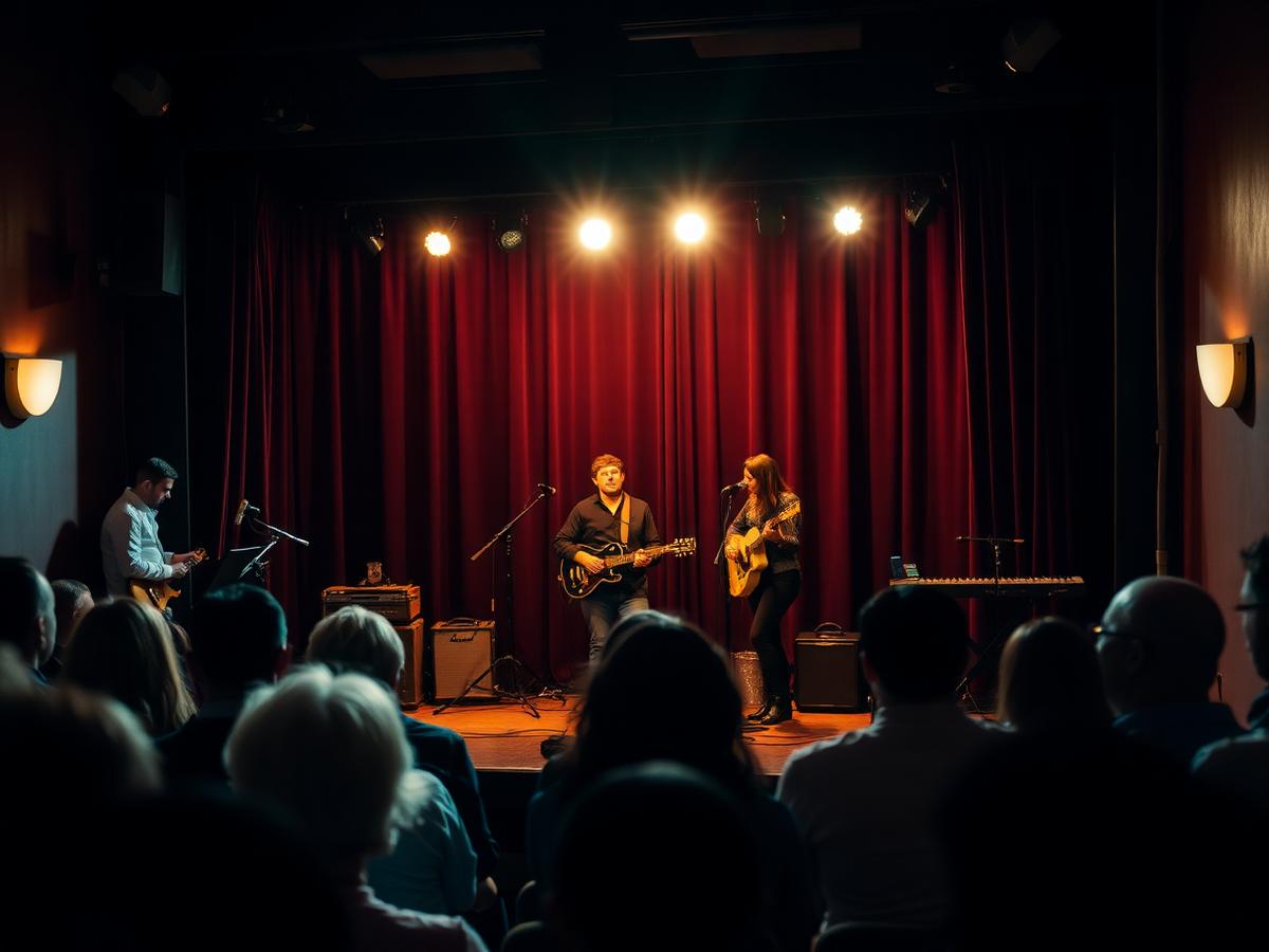 An MF Improv musical jam on stage with a keyboard player accompanying the scene