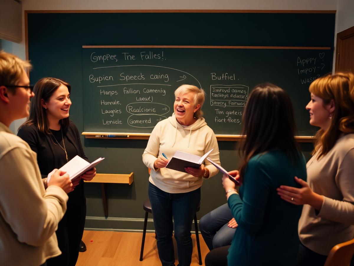 An MF Improv workshop group enjoying a brand-new class format in a rehearsal room