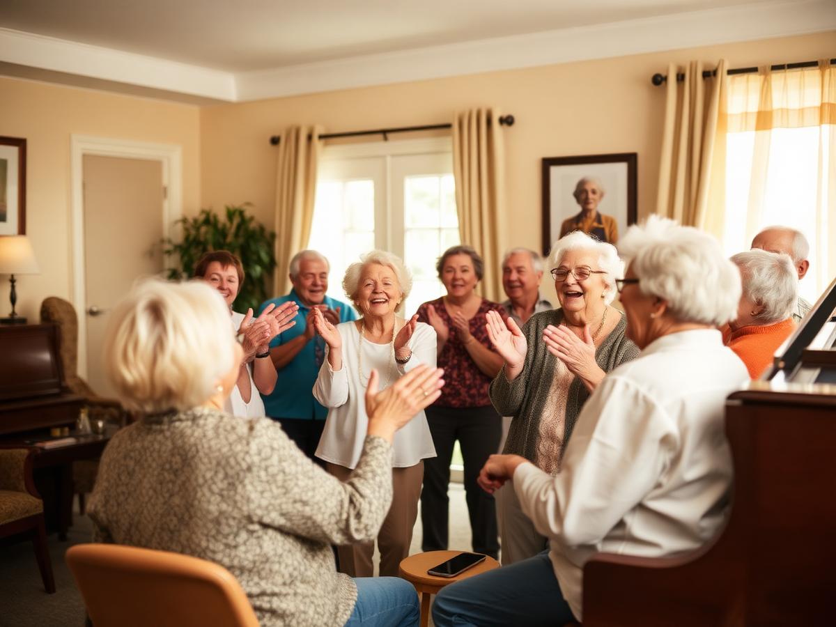 Older adults clapping and singing around a piano with an MF Improv facilitator